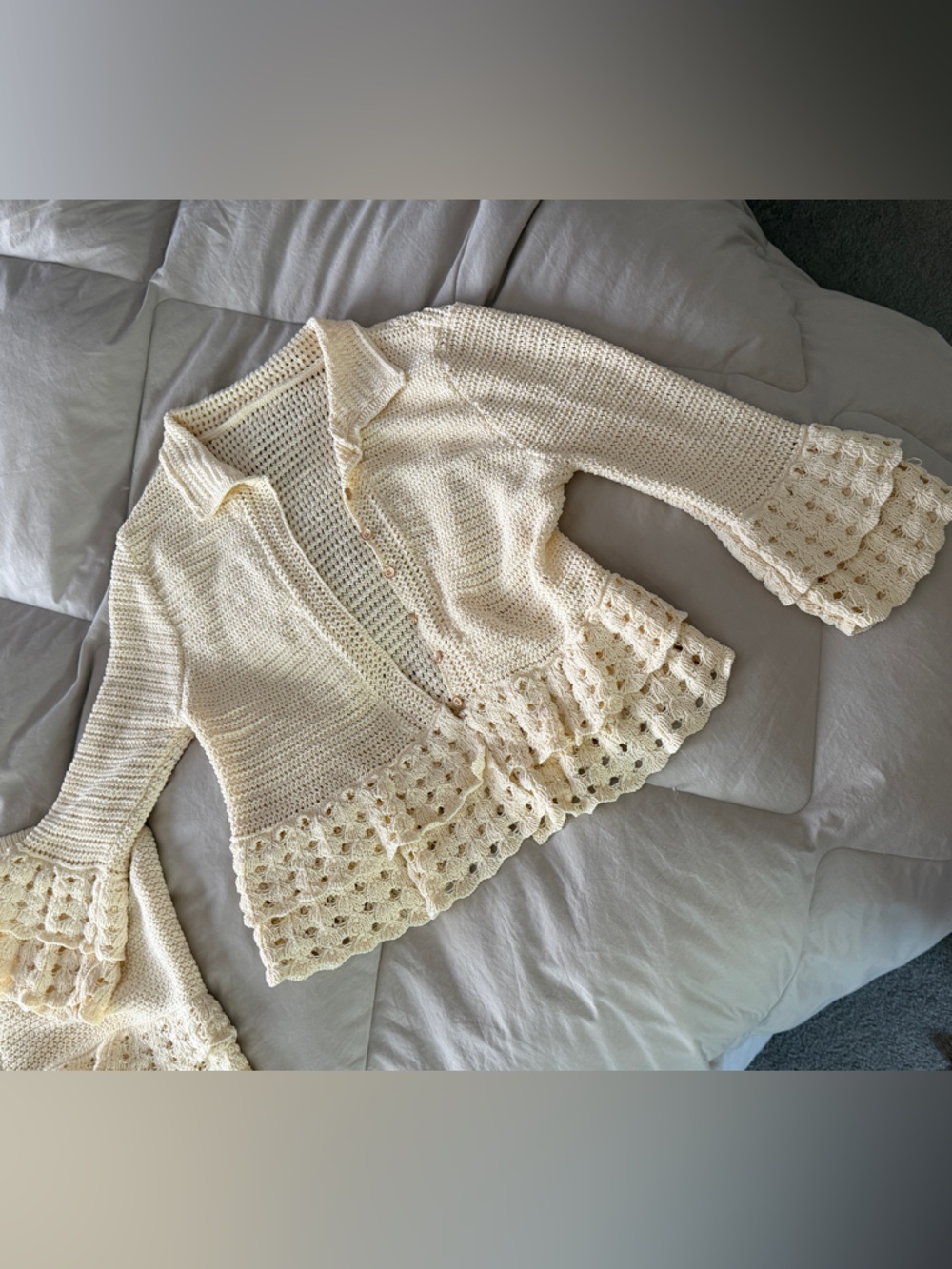 Vintage/ Brand unknown  Cream Crochet-Trim Knit Sweater Cardigan